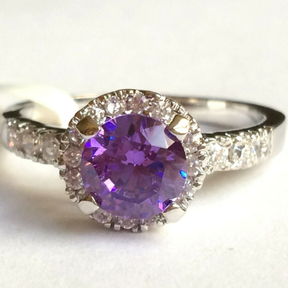 Silver Purple Amethyst Halo Cocktail Ring Size 9 10 Rhodium Plated CubicZirconia